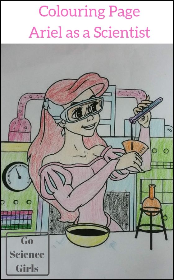 Ariel as a scientist colouring in page encouraging girls in STEM