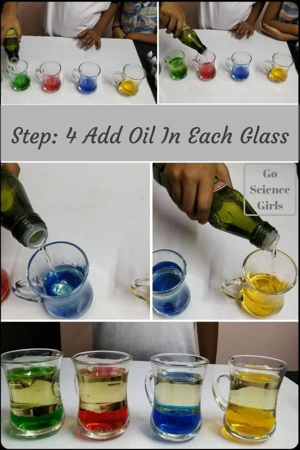 Add oil in each glass - homemade lava lamp experiment
