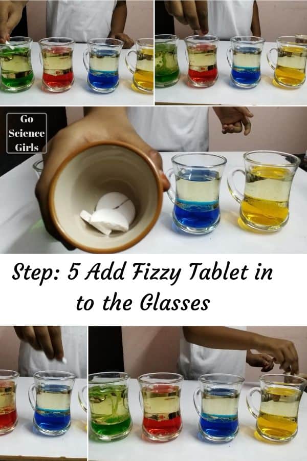 Add fizzy tablet in each glass - lava lamp experiment for kids