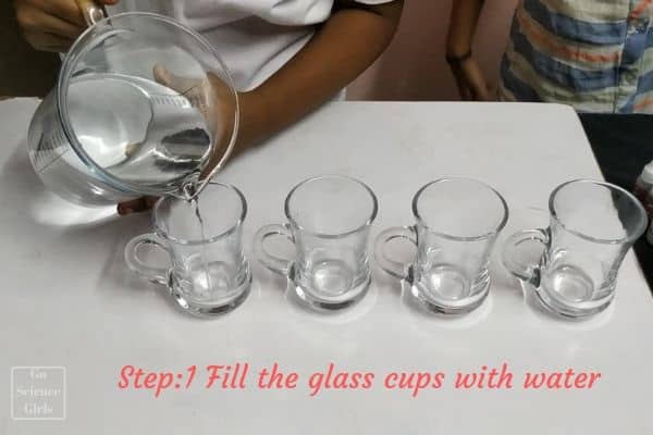 fill the glass cups with water