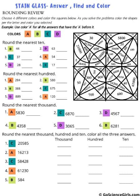 Stained Glass Rounding Review Worksheets (Level 1)